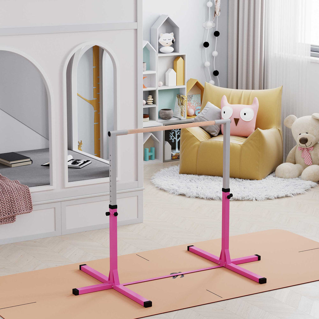 Height Adjustable Gymnastics Horizontal Bar for Kids, Children Junior Kip High Bar Fitness, Pink