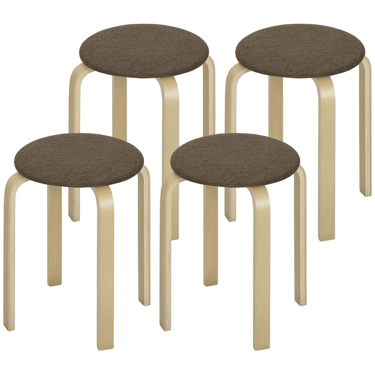 Polsterhocker im 4er-Set, stapelbar, lackierte Oberfläche, Holzbeine, Braun