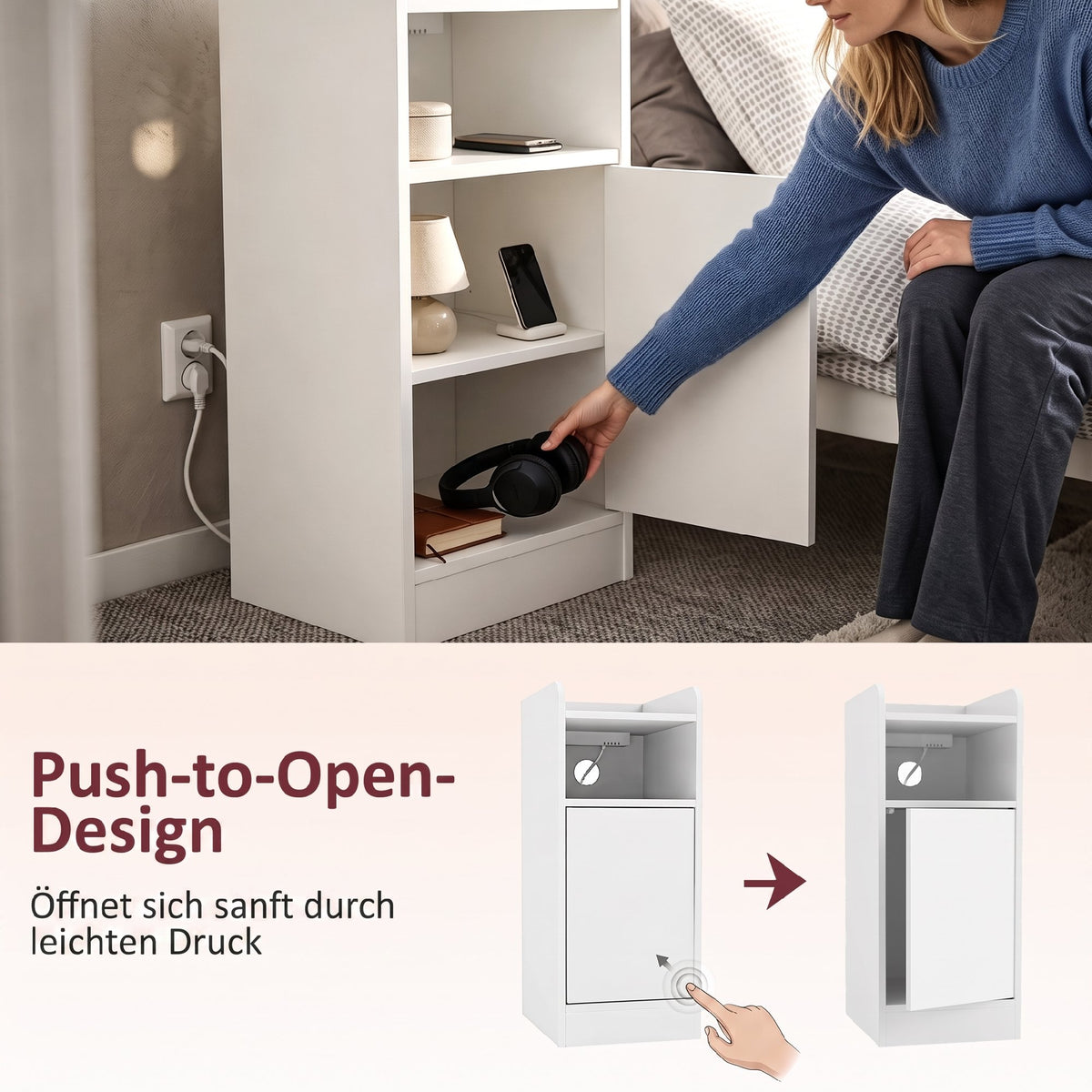 Nachttisch 2er-Set mit Ladestation, Schmaler Nachtschrank Weiß