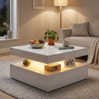 LED Coffee Table with Storage, 2-Tier Modern Centre Table with Open Shelf and Remote for Living Room, High Gloss White