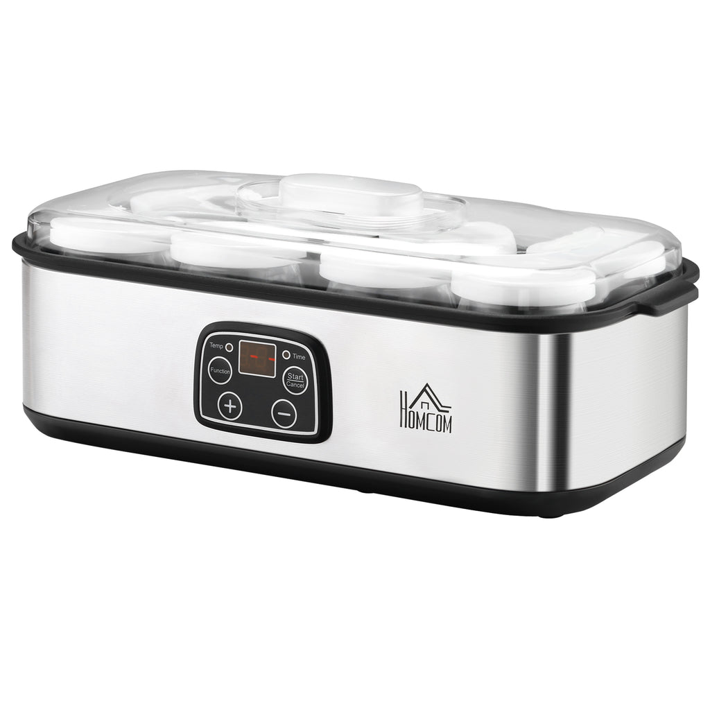 Joghurtbereiter Griechische Joghurtmaschine mit Deckel, 8 BPA-freier Glas-Innenbehälter à 180 ml, Joghurt Maker mit LCD Display Timer, für bis zu 1,4 Liter Joghurt 25 W Silber