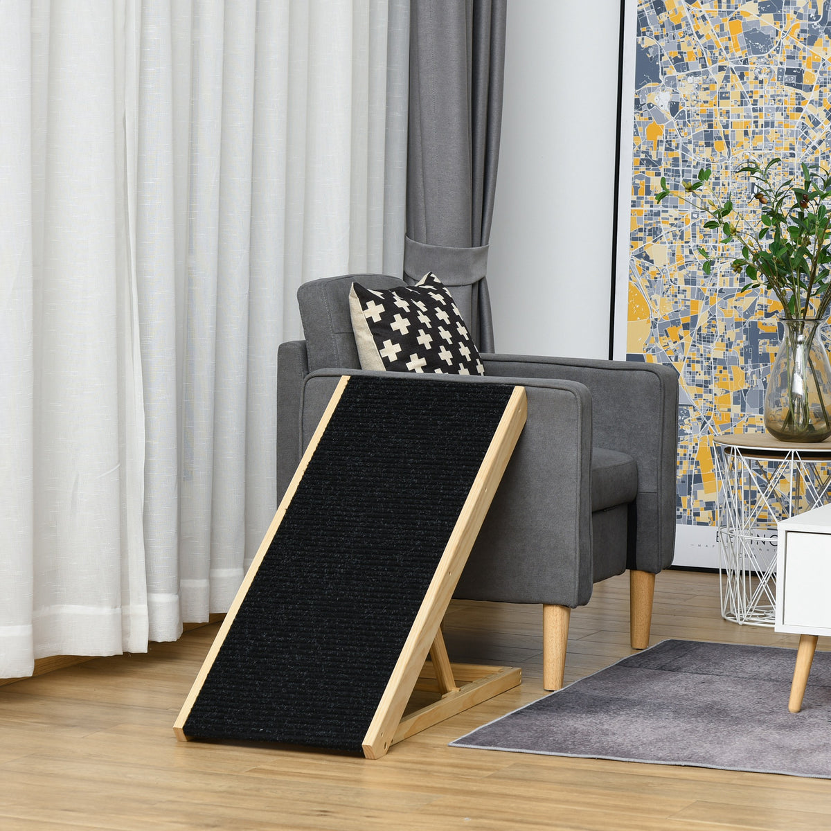 Hunderampe für Bett und Couch Faltbar Haustierrampe mit 4 Einstellbare Höhe von 26 bis 61 cm, Anti-Rutsch-Pad 90 cm Hundetreppe für großen Hund unter 40 kg Schwarz+Naturholz