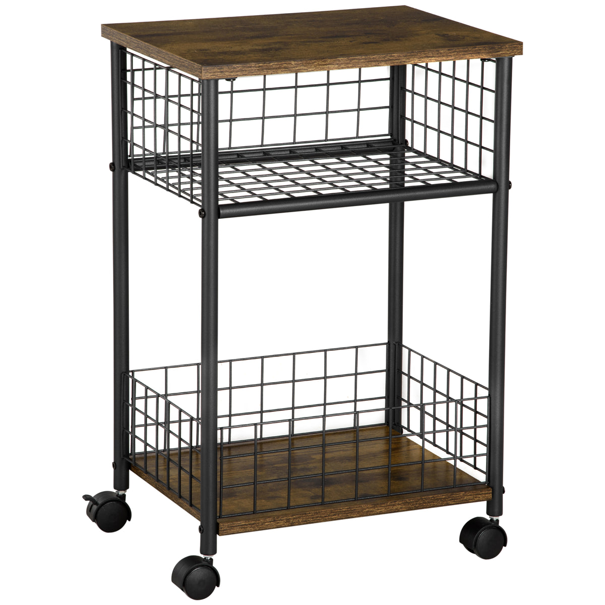 K¨¹chenwagen im Industriedesign 1 Regal 1 Aufbewahrungskorb 4 R?der 40 cm x 30 cm x 62 cm Stahl Schwarz + Braun