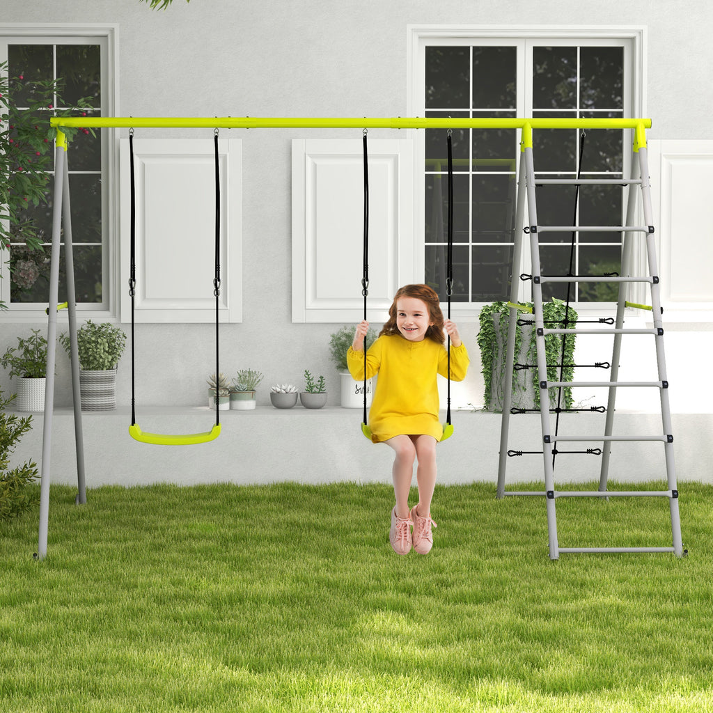 Four-In-One Metal Garden Swing Set, with Two Swings, Climber, Climbing Net - Green