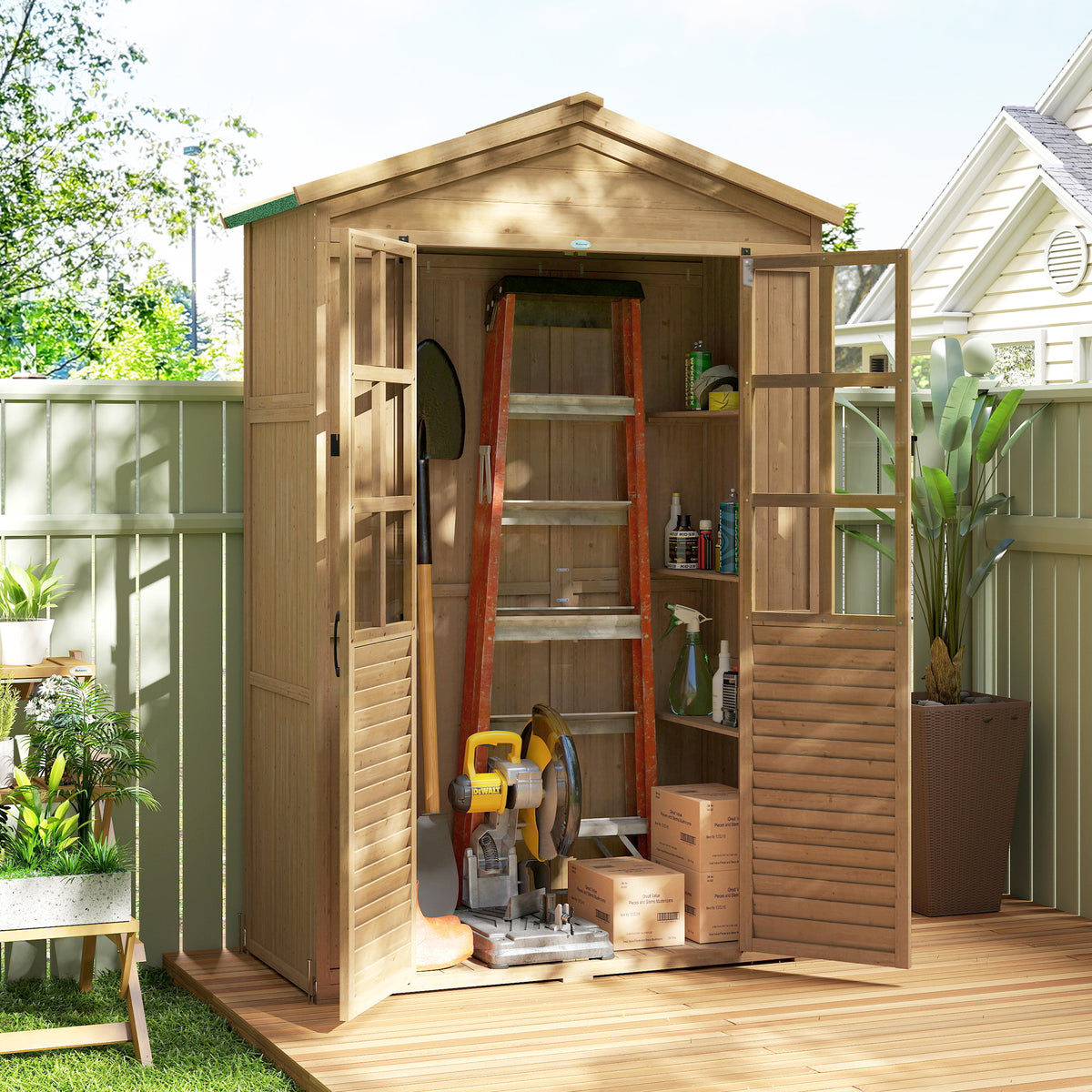 Outdoor Wooden Storage Cabinet, Garden Tool Shed with Acrylic Windows for Patio, Light Brown