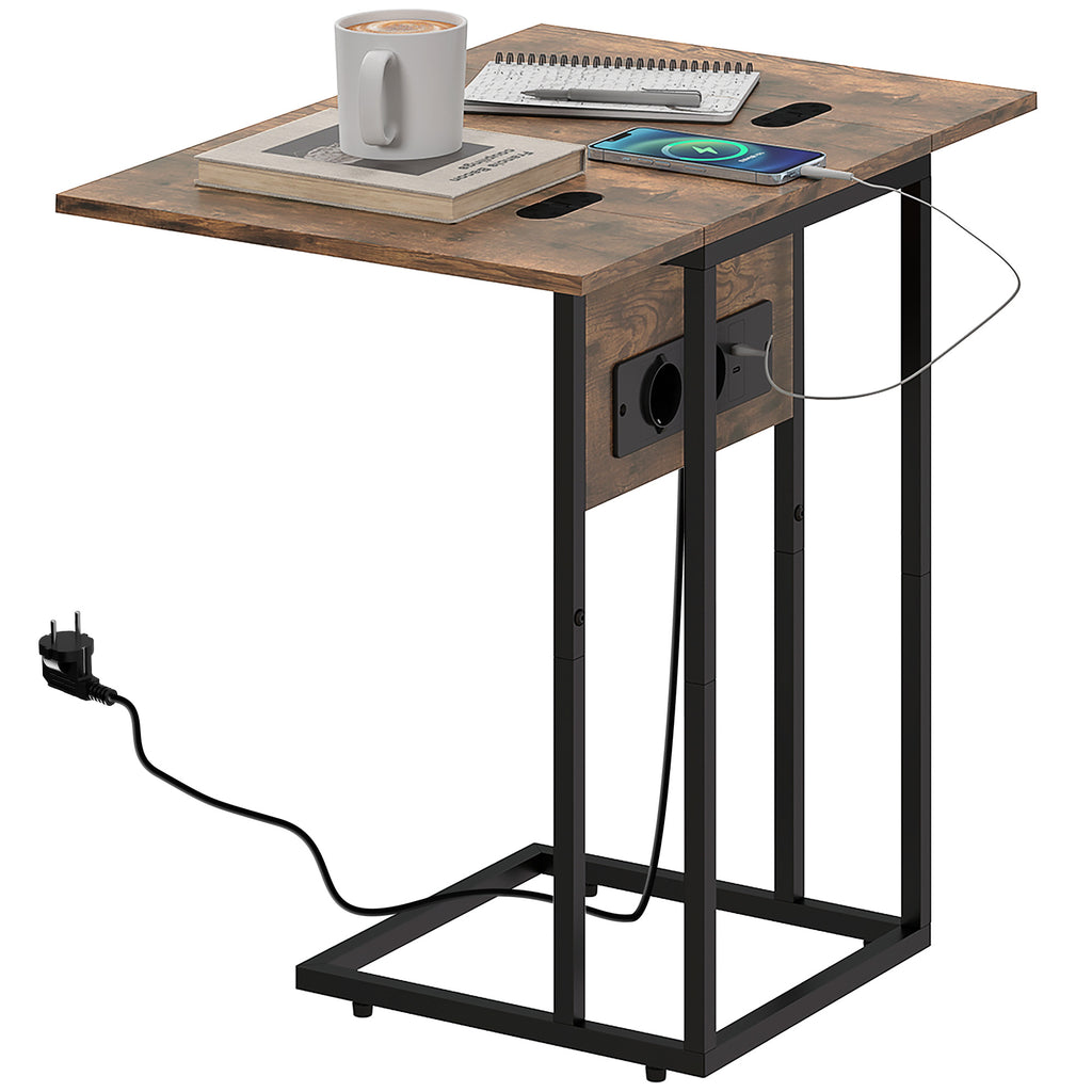 Klappbarer Beistelltisch, Ladestation mit USB-Ports, Metall, 39 x 29 x 57 cm, Braun