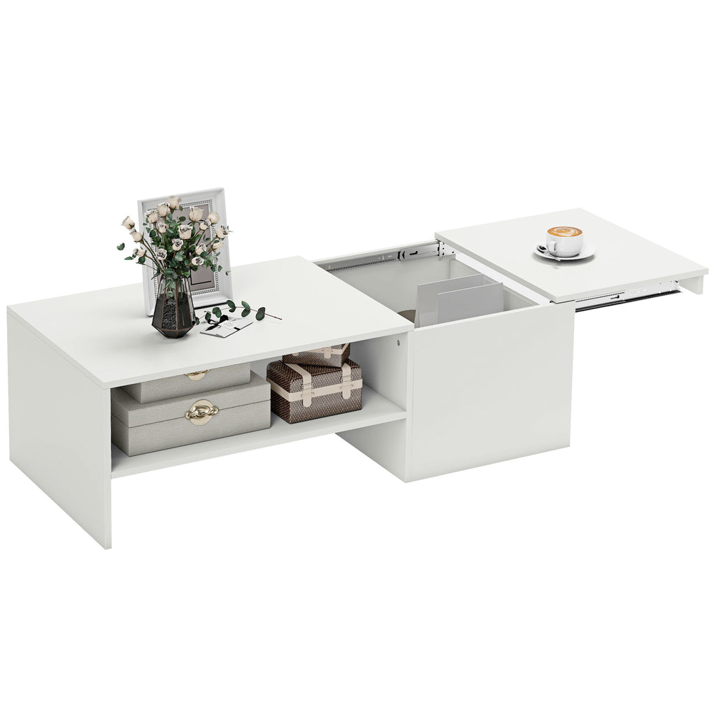 Verstellbarer Couchtisch, Metallschienen, Spanplatte, Fußpads, Weiß