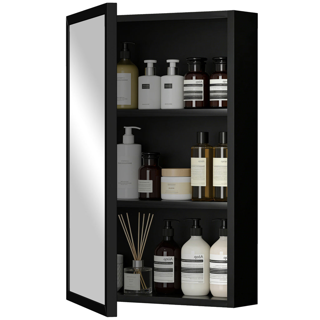 Spiegelschrank, Badschrank, 3 Regalfächer, Edelstahl, 40x12x60cm, Schwarz