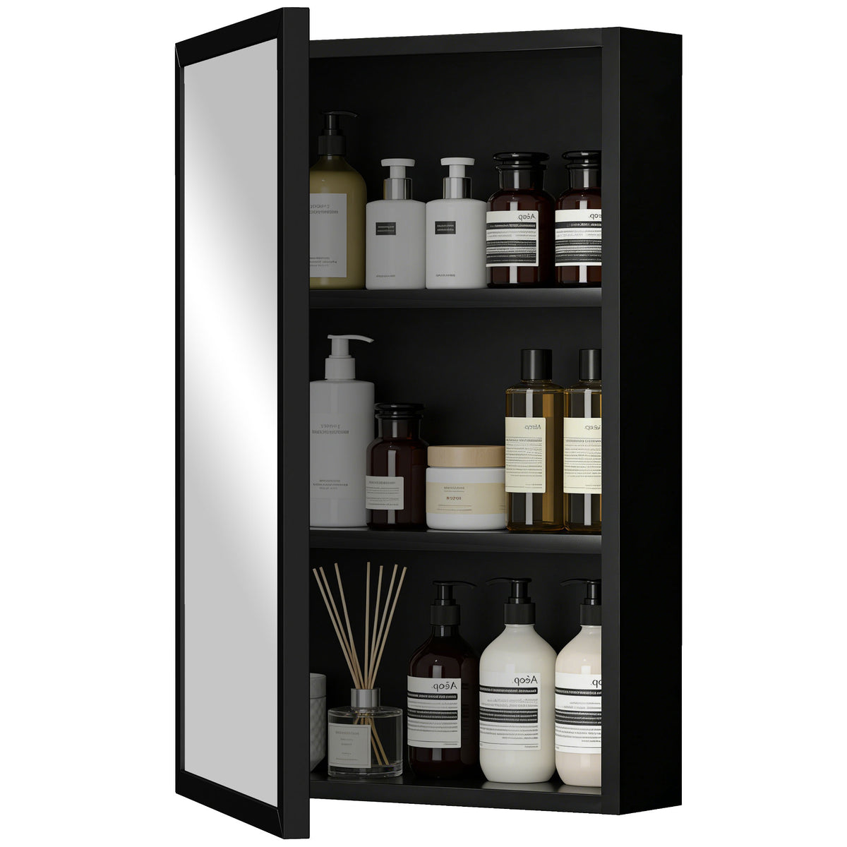 Spiegelschrank, Badschrank, 3 Regalfächer, Edelstahl, 40x12x60cm, Schwarz
