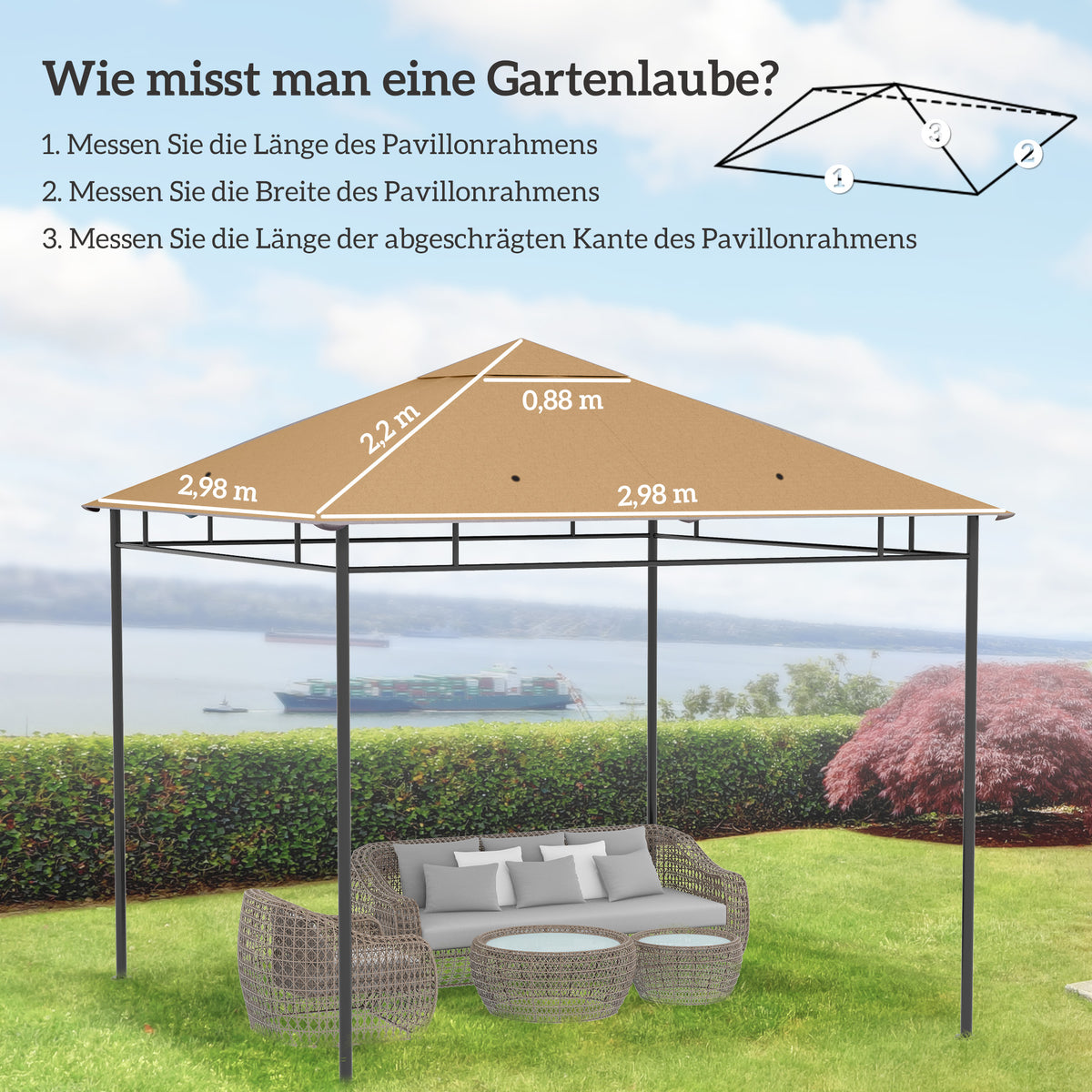 3 x 3 m Gazebo Canopy Replacement Cover, Garden Gazebo Roof Replacement with Drain Holes, TOP COVER ONLY, Beige