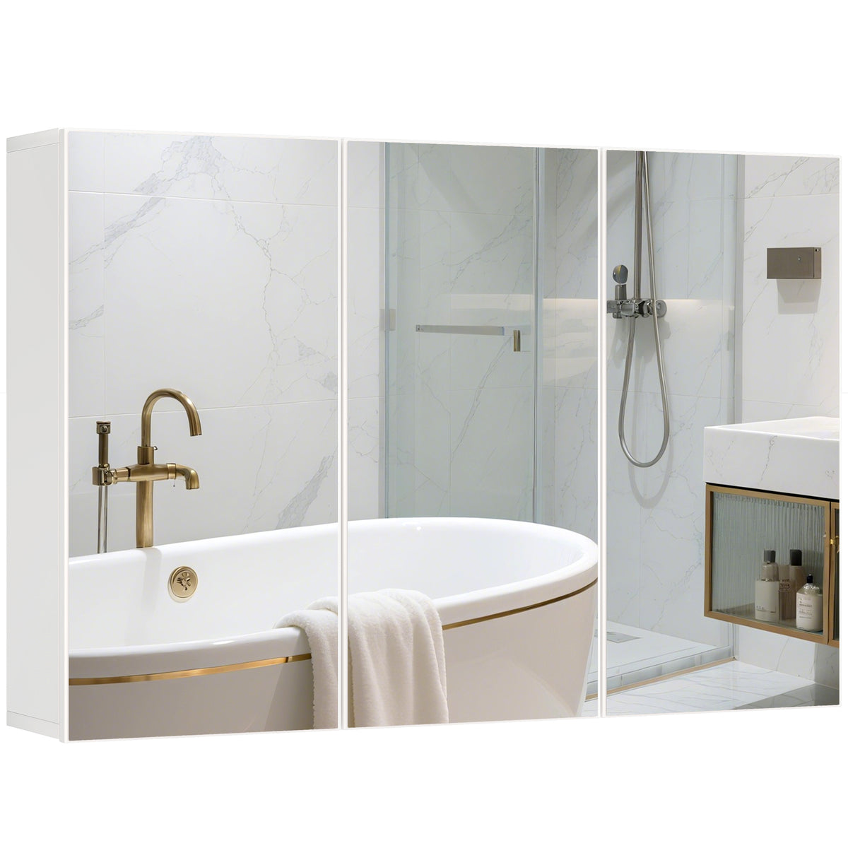 Badezimmerspiegelschrank, Badschrank mit 3 Spiegelt¨¹ren, Wandmontage, 90 x 15,5 x 60 cm, Spanplatte, Wei?