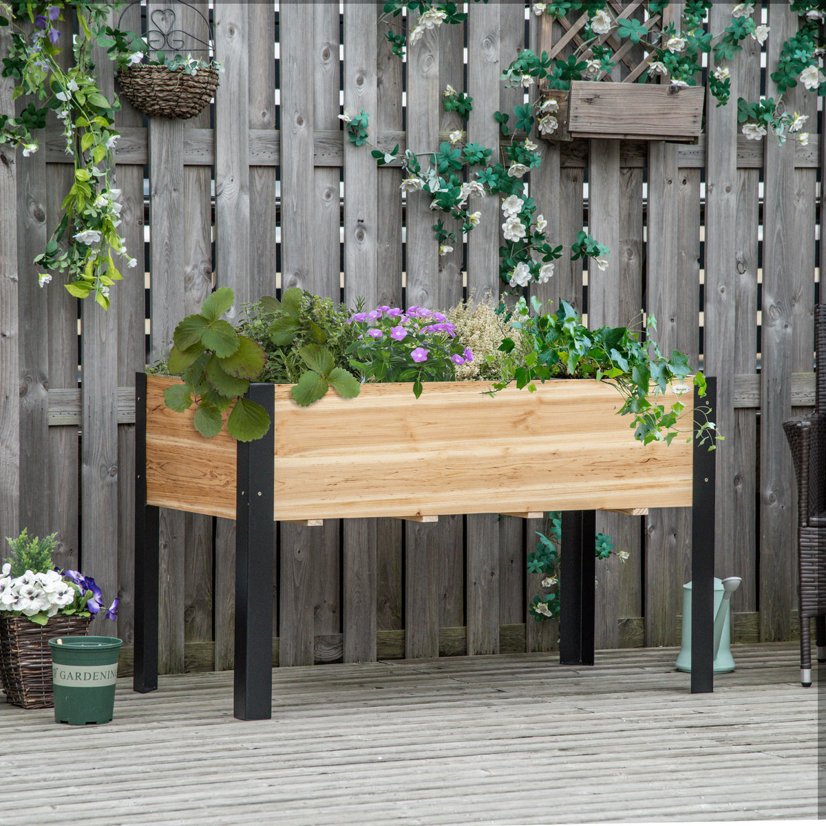Hochbeet Pflanzkasten Blumenkasten Blumentopf Kr?uterbeet mit Vliesstoff Massivholz Stahl Natur+Schwarz 120 x 60 x 74 cm