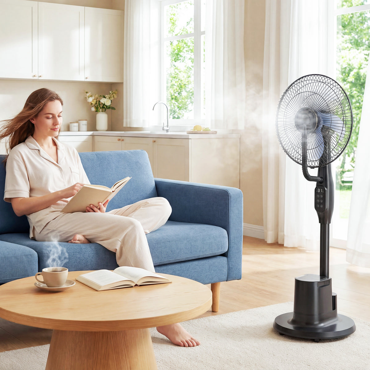 Stehventilator mit Sprühnebel, 70° Oszillation, 3 Geschwindigkeiten, 3 Modi, 3,5L Wassertank, Schwarz