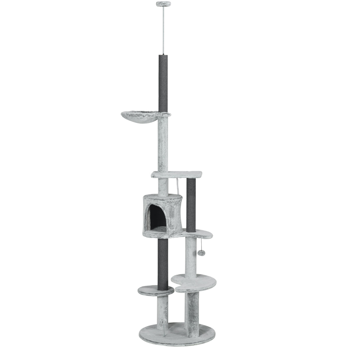 255cm Floor to Ceiling Cat Tree with Scratching Posts, Height Adjustable Cat Tower with Hammock, House, Anti-tipping Kit, Perches, Toys, Grey