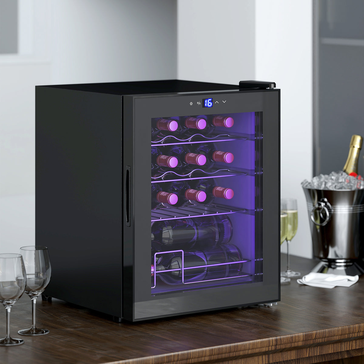 Freistehender Weinkühlschrank, 16 Flaschen, für Hausbar, Wohnzimmer, Küche Touchscreen, Glastür, LED-Beleuchtung