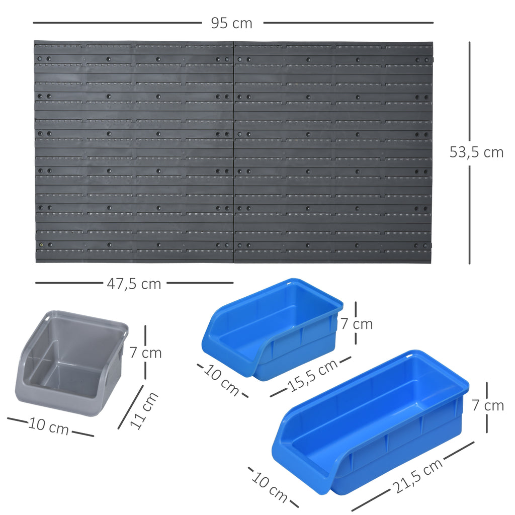 44 Piece Wall Mounted Tool Rack Organiser Storage Bins and Panel Set with Shelf Hook Screws Accessories Blue