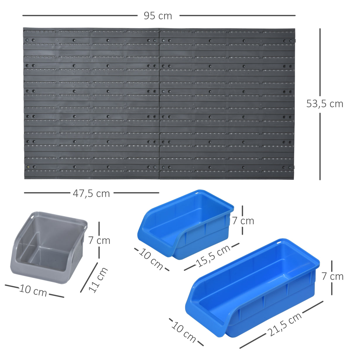 44 Piece Wall Mounted Tool Rack Organiser Storage Bins and Panel Set with Shelf Hook Screws Accessories Blue