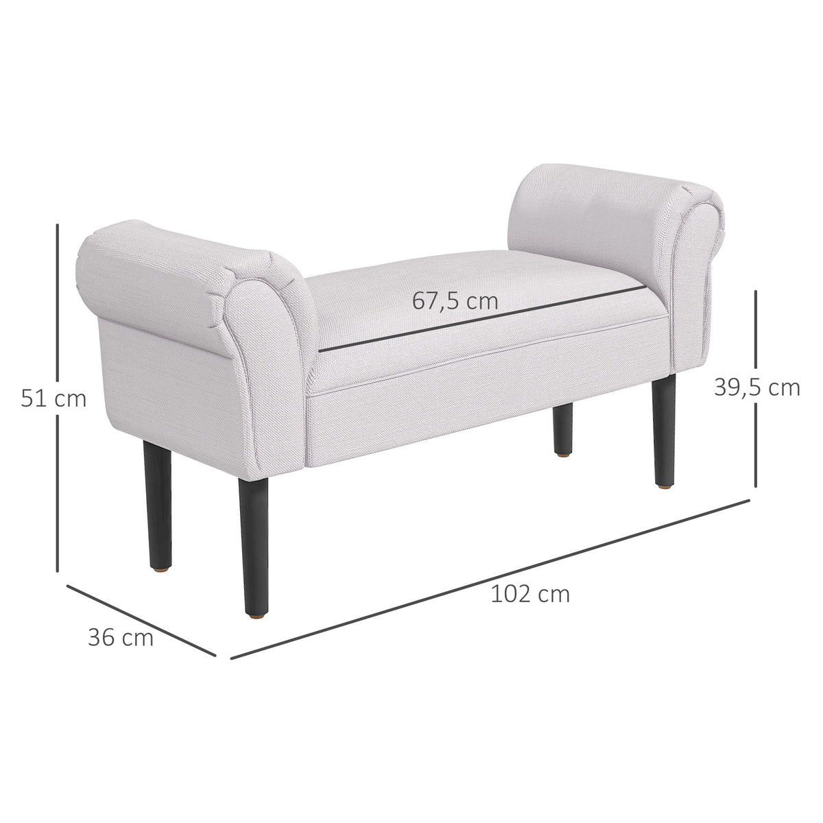 Sitzbank Polsterbank mit Segelstoff, Armlehne Flurbank mit Holzrahmen, Schuhbank für Schlafzimmer, Wohnzimmer, Flur 102 x 36 x 51 cm Grauweiß