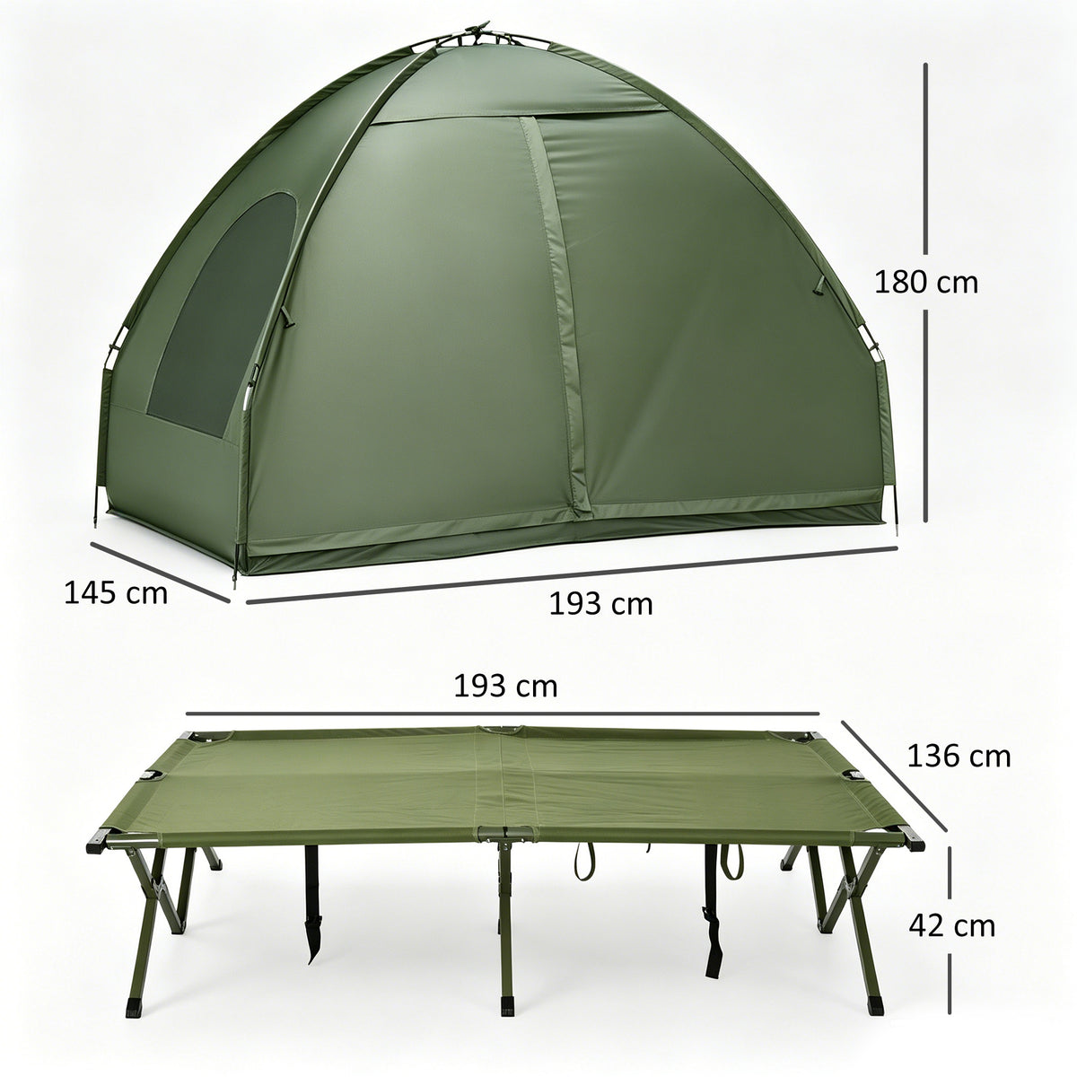 Campingzelt-Set für 2 Personen mit Feldbett und Luftmatratze Grün
