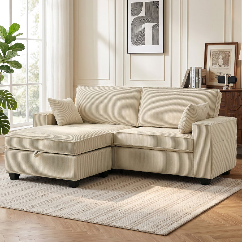 Ecksofa 216 cm 3-Sitzer L-Form Sofa mit Umkehrbarem Aufbwahrungshocker, Cord-Optik, Breiter Sitzfläche, für Wohnzimmer