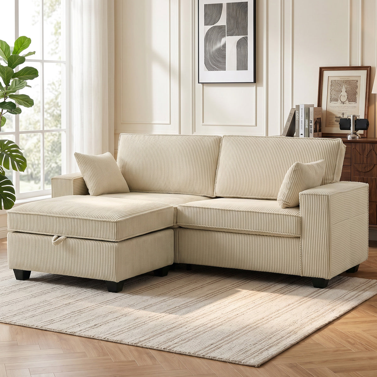 Ecksofa 216 cm 3-Sitzer L-Form Sofa mit Umkehrbarem Aufbwahrungshocker, Cord-Optik, Breiter Sitzfläche, für Wohnzimmer