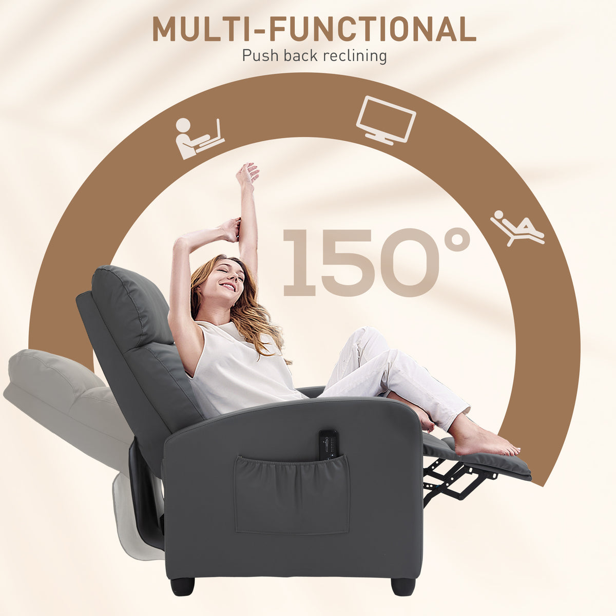 Relaxsessel Fernsehsessel mit Vibrationsmassage, Liegefunktion, 2 Massagepunkte, Fernbedienung, 68 x 88 x 98 cm Grau
