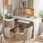 Eckschreibtisch, Computertisch mit Tastaturauszug und offenen Ablagen, weißer Holz-Look