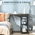 C-Shaped Side Table Industrial Mobile Rolling End Desk with 3-Tier Storage Shelving, Adjustable Height, Wheels