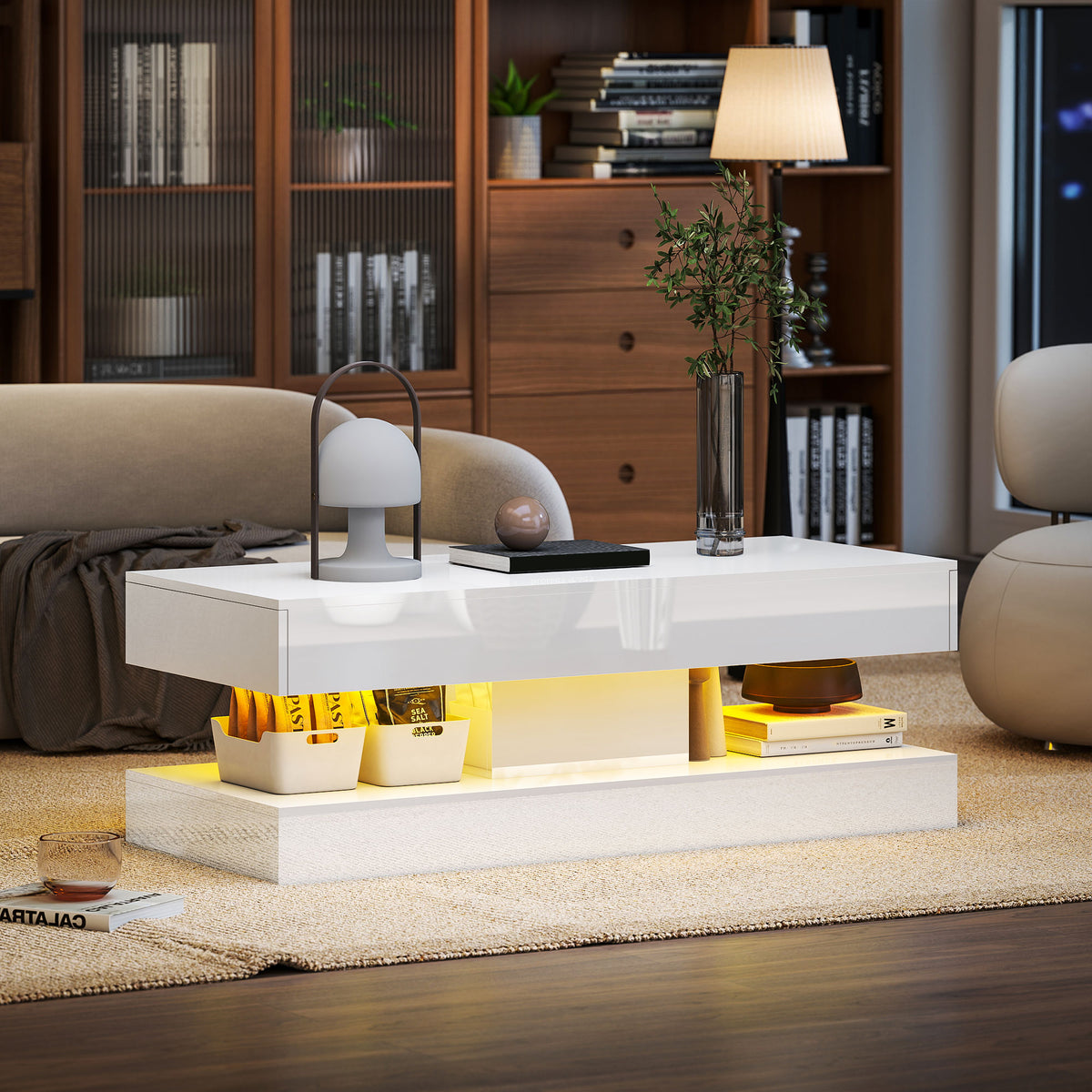 Wohnzimmertisch mit Schubladen und LED-Lichtern, moderner Sofatisch mit offener Ablage, Couchtisch, Spanplatte, Wei?