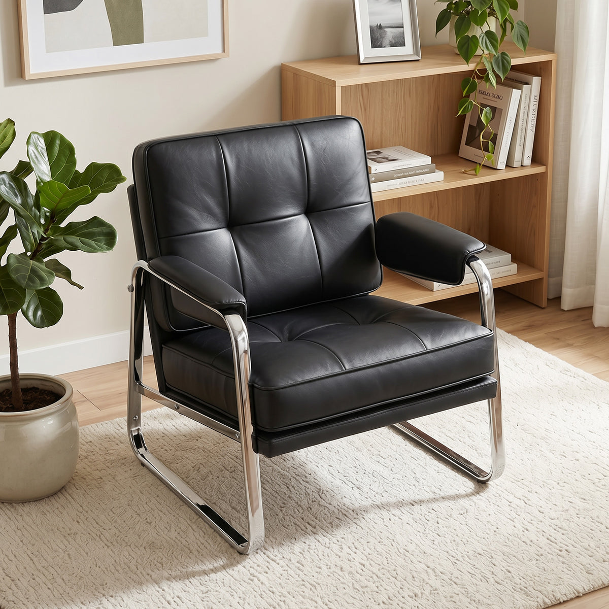 Sessel Loungesessel mit breiter Sitz, Armlehnen, Stahlbeinen, aus Kunstleder für Wohnzimmer, Schlafzimmer, Schwarz