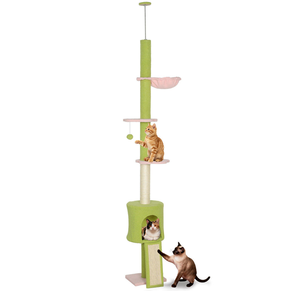 220-240 cm Floor to Ceiling Cat Tree Adjustable Height with Hammock, Condo, Scratching Posts, Green