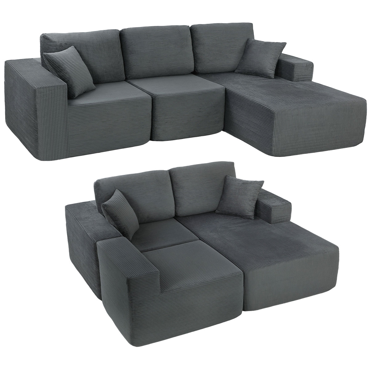 Modulares Ecksofa, L-förmiges Sofa-Bett mit tiefem Sitz, breiten Armlehnen, 2 Kissen, Dunkelgrau