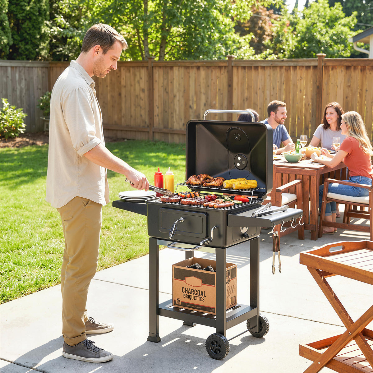 Holzkohlegrill BBQ Smoker mit Deckel Thermometer höhenverstellbar Kohlepfanne Grillrost Seitentisch Aschefach