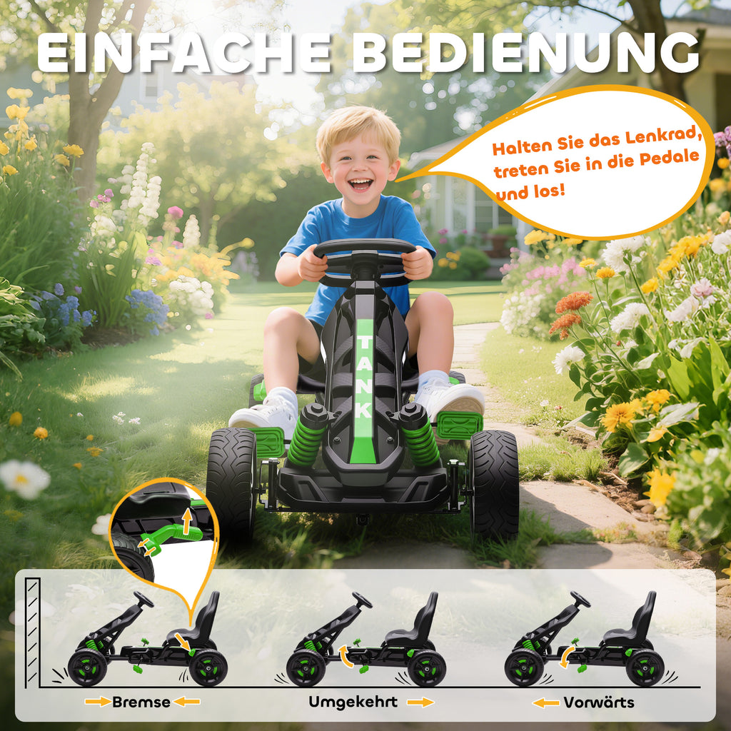 Pedal Go Kart for Kids Aged 3-6 Years, with Freewheel System, Brake, EVA Anti-Slip Wheels, Green