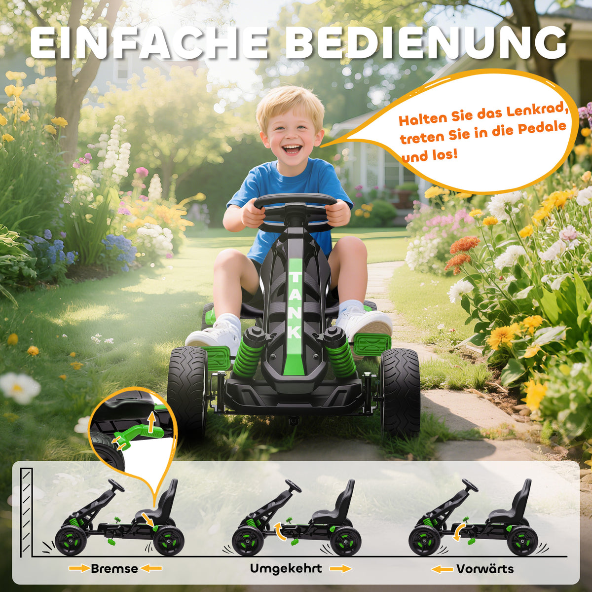 Pedal Go Kart for Kids Aged 3-6 Years, with Freewheel System, Brake, EVA Anti-Slip Wheels, Green