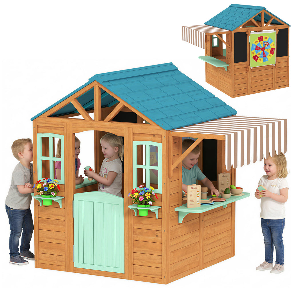 Outdoor Kinderspielhaus mit Verkaufstheke Pflanzenkasten Kreidetafel Zieltuch 4 Ball 142 x 120 x 141,5 cm Mehrfarbig