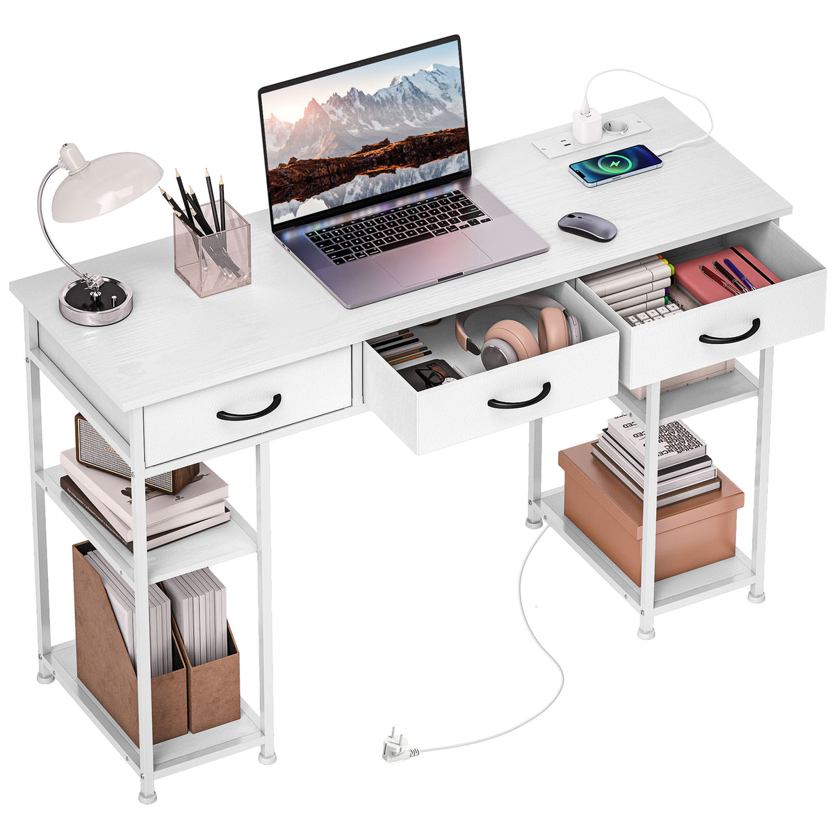 Schreibtisch Küchentisch mit 2 USB-Ladeanschlüssen 2 Steckdosen verstellbare Regale 3 Stoffschubladen 120x40x76 cm Weiß