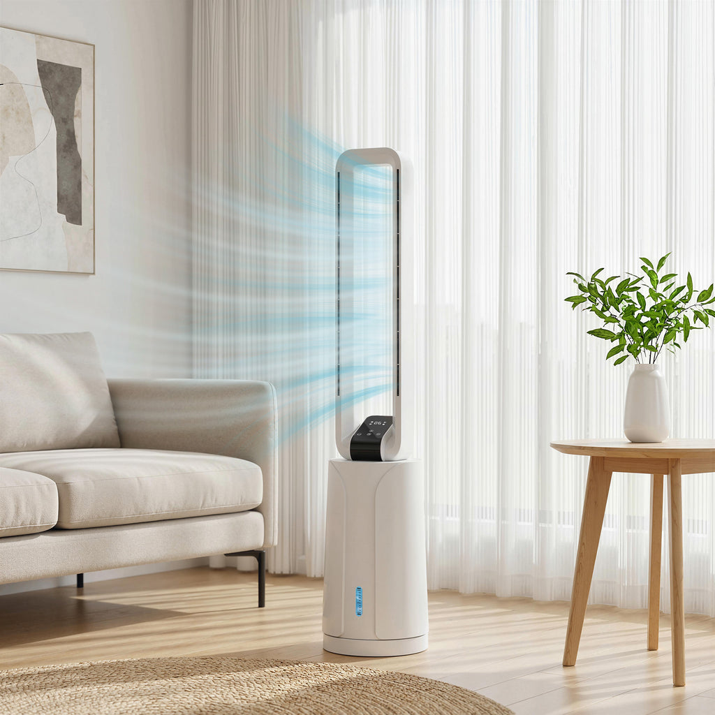 Verdunstungsluftkühler mit Fernbedienung, 15-Stunden-Timer, Kühlakku für Zuhause und Büro, Weiß