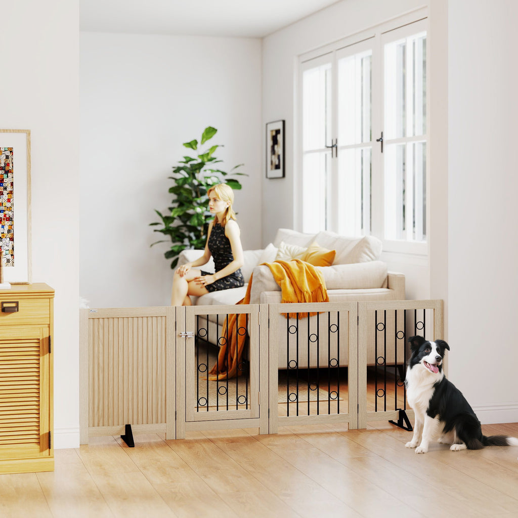 4 Panel Freestanding Pet Gate, Indoor Dog Barrier with Lockable Door, Support Feet, 360° Flexible Hinges, Oak