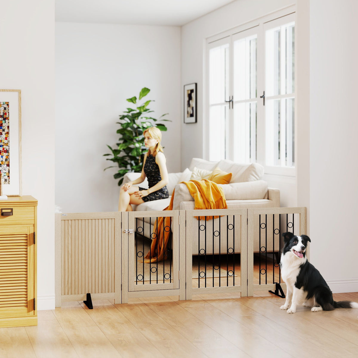 4 Panel Freestanding Pet Gate, Indoor Dog Barrier with Lockable Door, Support Feet, 360° Flexible Hinges, Oak