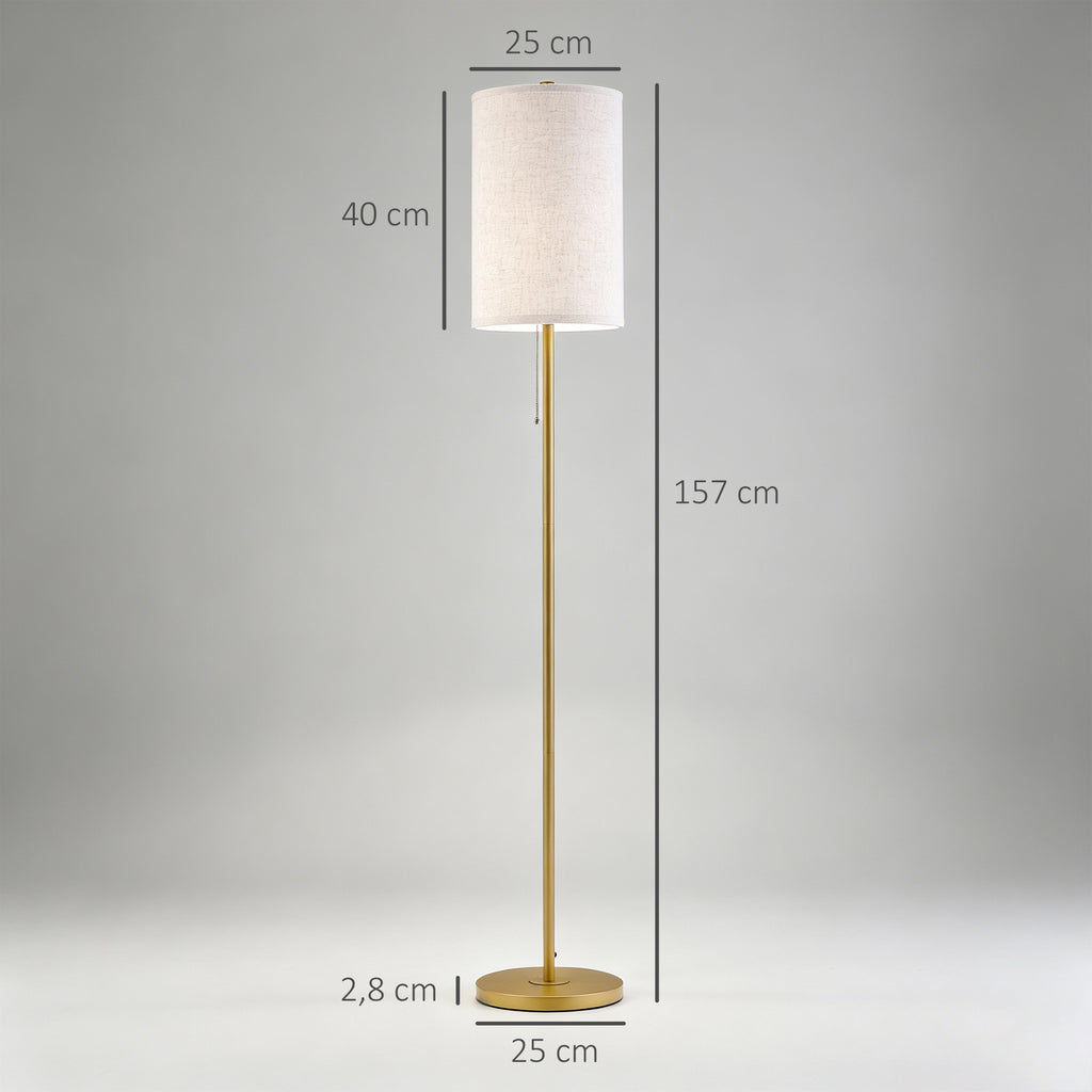 Stehlampe, Elegante Stehleuchte aus Stahl mit Stoffschirm, Wohnzimmerlampe, Zugkettenschalter, Gold+Weiß