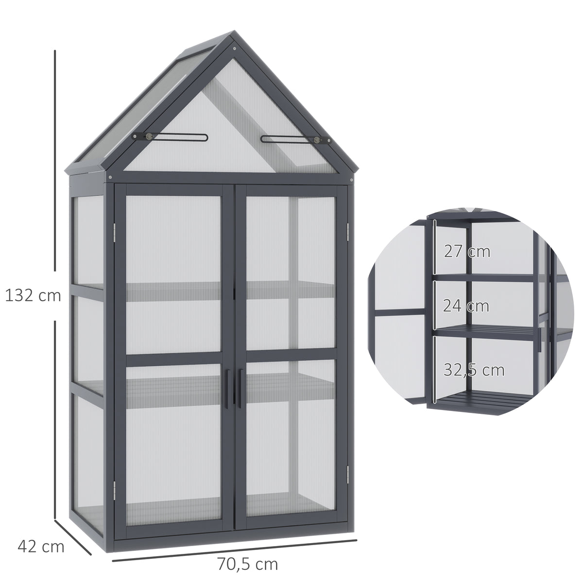 Frühbeet Mini Gewächshaus 3 Ebenen Treibhaus Pflanzenbeet mit aufklappbarem Dach Doppeltüren aus Holz Polycarbonat wetterfest Natur 70,5 x 42 x 132 cm