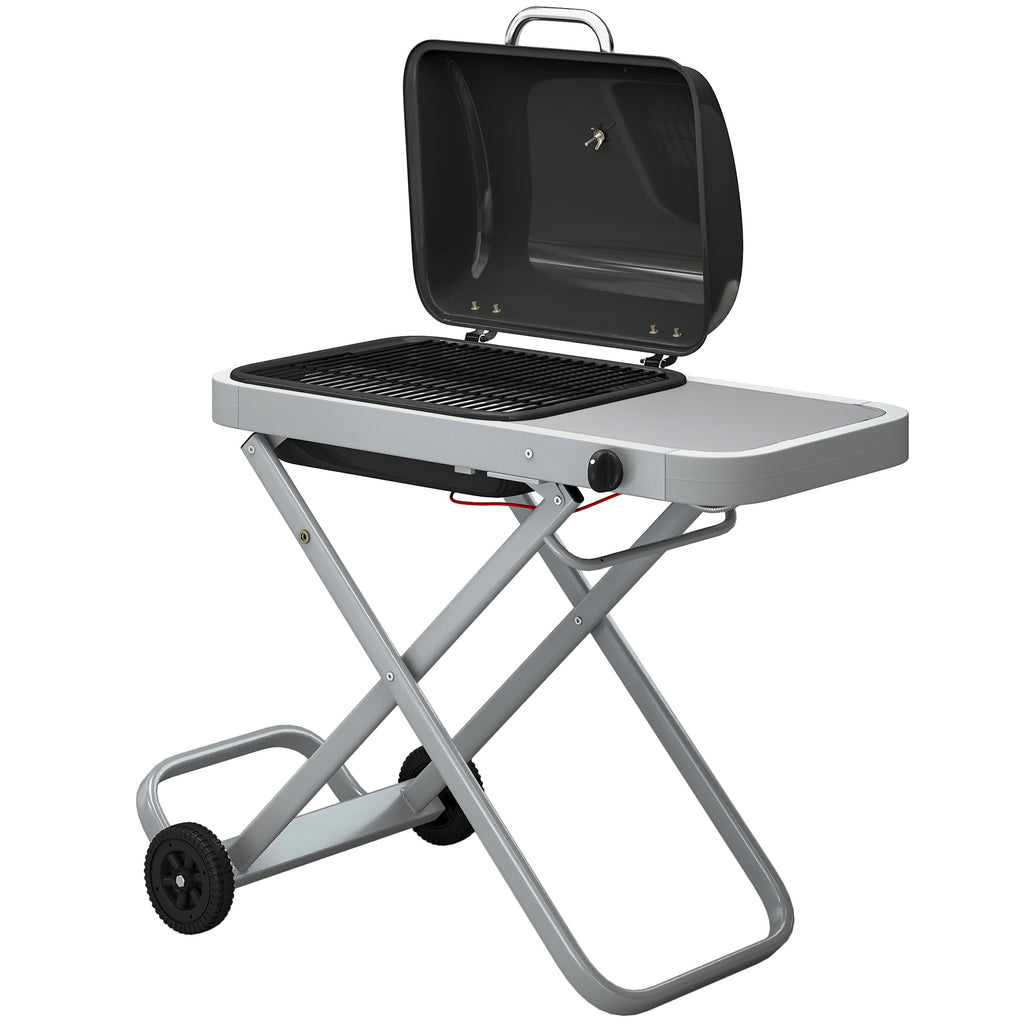 Tragbarer Gasgrill 1-Brenner 2,5kW Grillwagen mit Faltbarem Rollwagen Grillrost Seitentisch Deckel Thermometer