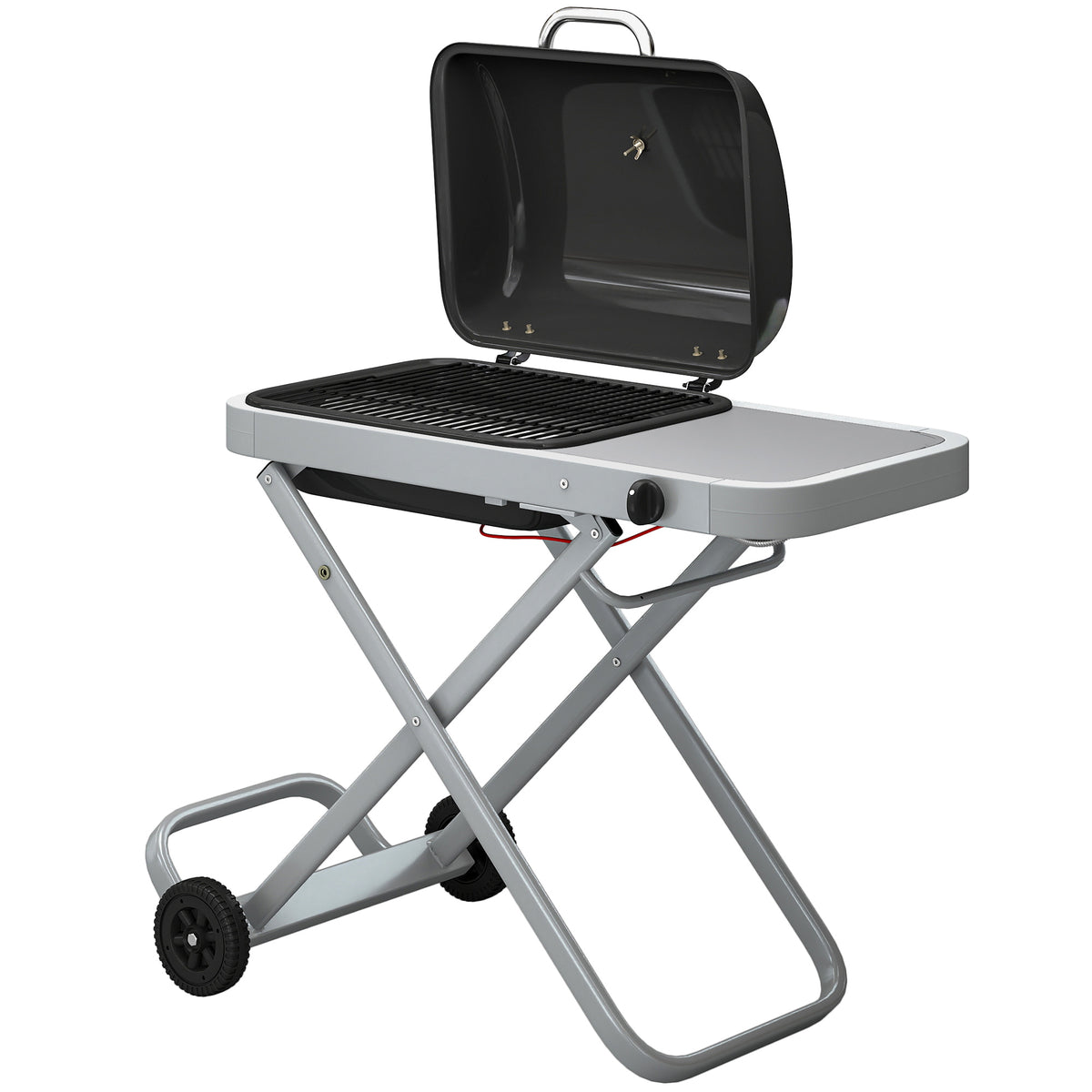 Tragbarer Gasgrill 1-Brenner 2,5kW Grillwagen mit Faltbarem Rollwagen Grillrost Seitentisch Deckel Thermometer