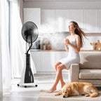 Ventilator mit Sprühnebel-Funktion, 75 Grad drehbar, 3 Geschwindigkeiten, 3 Modi, 3-Liter-Wassertank, Schwarz+Weiß