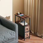 Couchtisch Beistelltisch mit Ladestation, Stahlrahmen, 2 Stoffschublade, offen Fach, 20cm x 40cm x 63cm, Rustikal-Braun