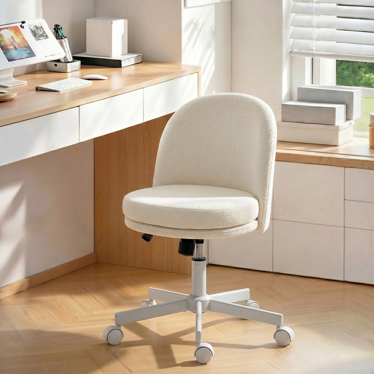 Homeoffice Stuhl Höhenverstellbar Schreibtischstuhl mit Chenille-Optik, Schminkstuhl mit Wippfunktion Creme