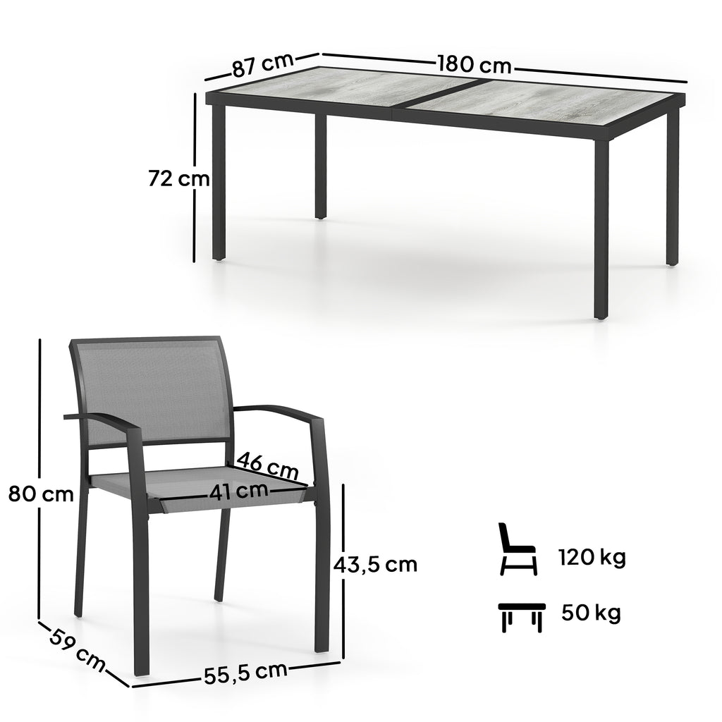 7-teiliges Ess-Set, 6 Stühle, 1 Tisch, stapelbar, leicht zu reinigen, Stahlrahmen, Gartenmöbel-Set, Grau