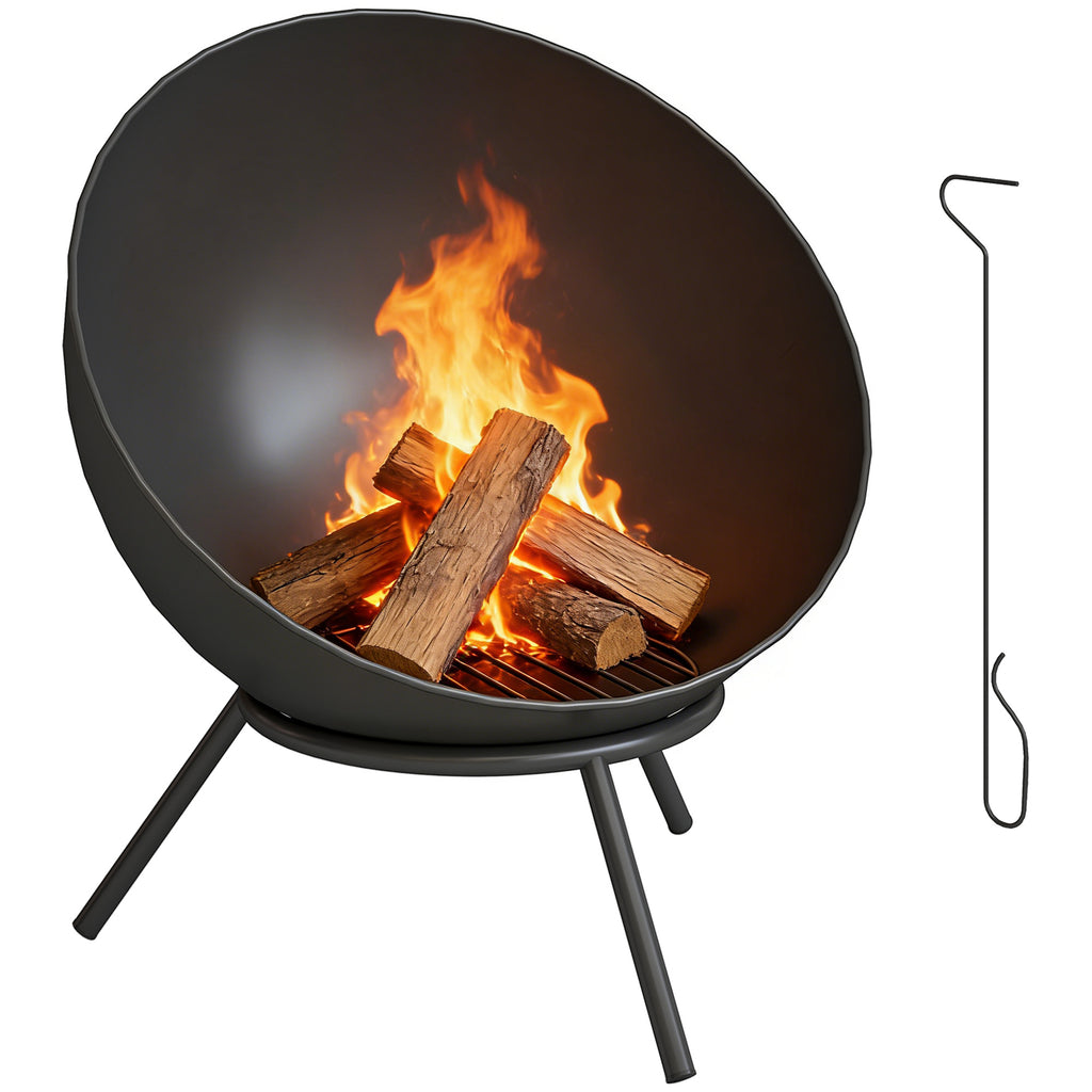 Feuerschale 60 x 53 x 66cm verstellbar Feuerstelle mit Schürhaken Kohlegitter Ständer Schwarz