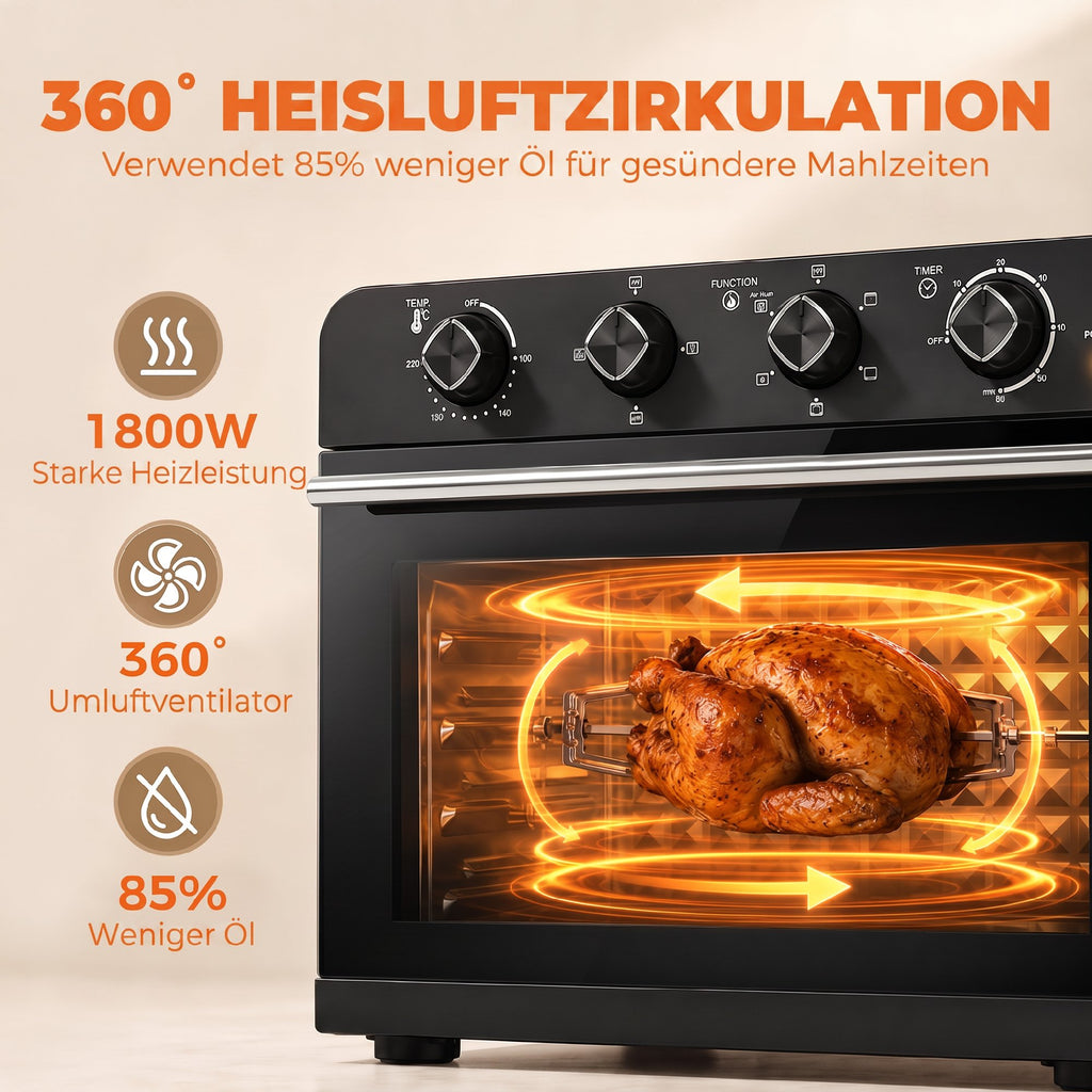 Heißluftfritteuse 36 Liter Mini Backofen mit Umluft, Backblech, Rost